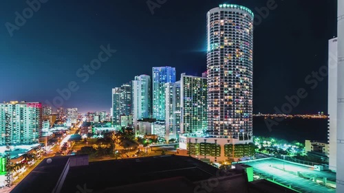Time lapse of a modern city skyline with illuminated skyscrapers and night traffic