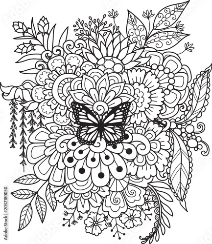 Abstract mandala flowers with butterfly for background and adult coloring book page size 11x8.5 inches. Vector illustration	