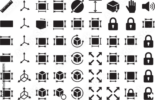 Set of black minimalist vector icons depicting various geometric transformation tools and interface control symbols for professional digital graphic design