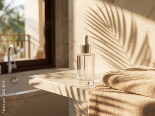 Clear glass serum dropper bottle with gold cap on marble countertop with tropical palm shadow, towel and bathtub visible through window, luxury resort bathroom