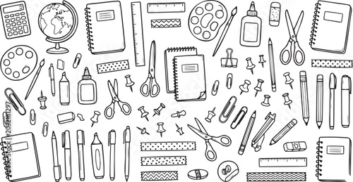 Slika na platnu Hand drawn vector illustration featuring a collection of various school supplies