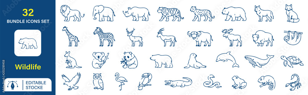 Fototapeta premium Wildlife Icons, Editable line icons. Vector illustration.