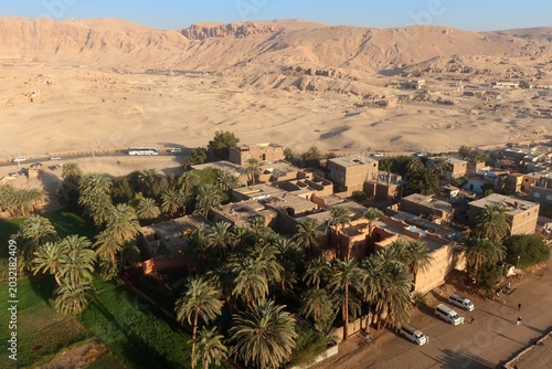 Aerial view of Habu temple and surrounding area in the west bank in Luxor