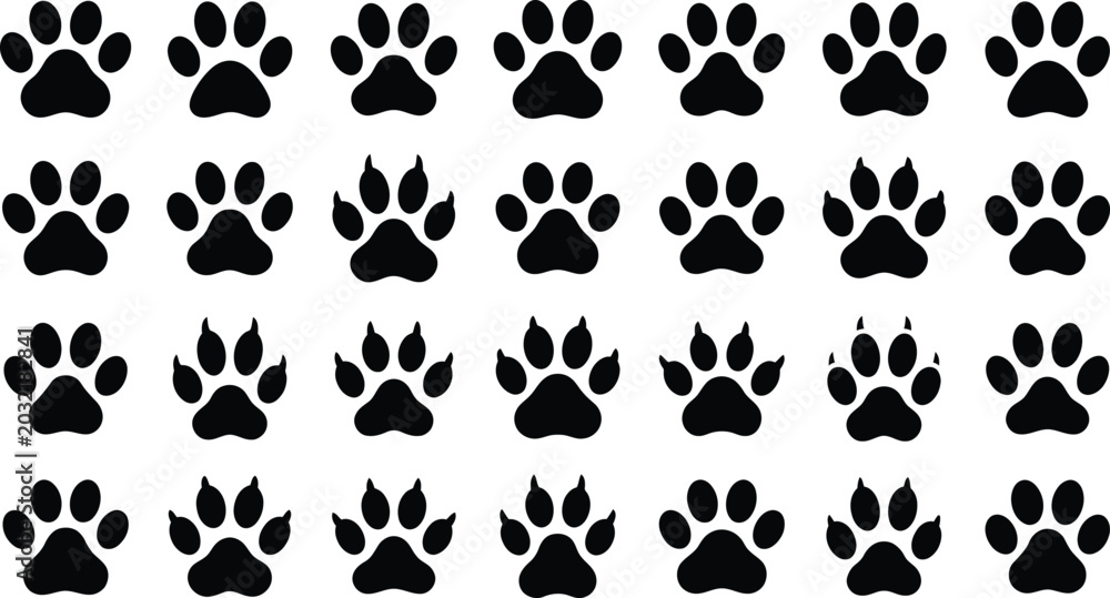 Fototapeta premium Black dog paw print pattern on white background