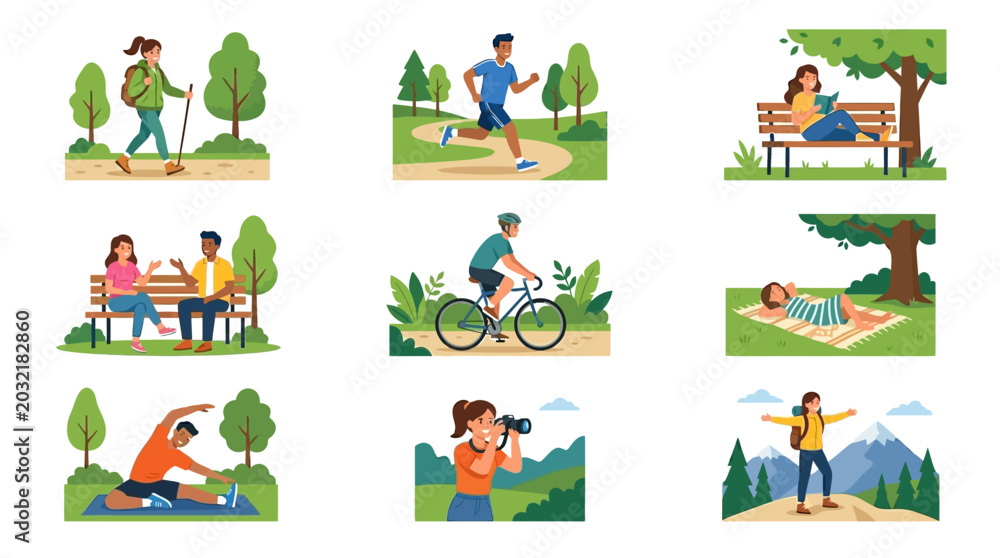 Fototapeta premium People engaging in outdoor activities in a park with trees and mountains.