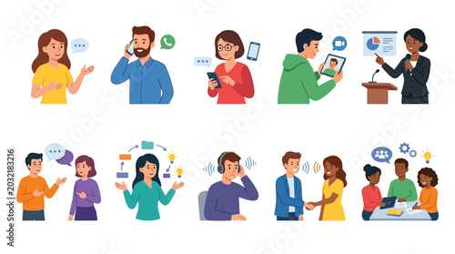 People communicate effectively using technology and devices in business settings and daily life interactions.