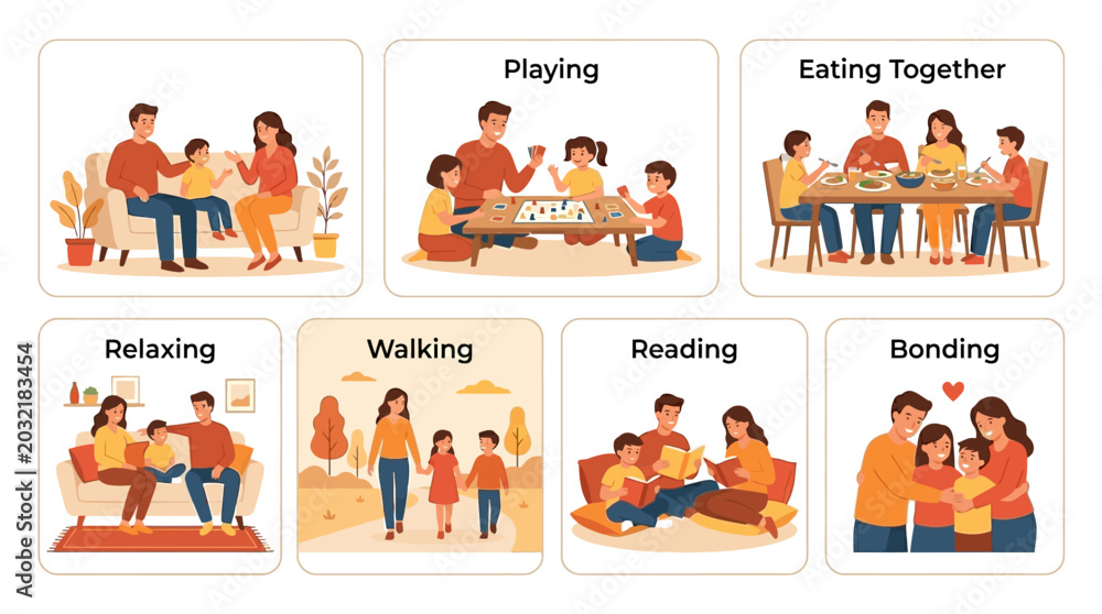 Fototapeta premium Family members are playing, eating, relaxing, walking, reading, and bonding together at home.