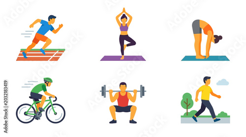 People exercising outdoors and indoors with various fitness activities and equipment daily.