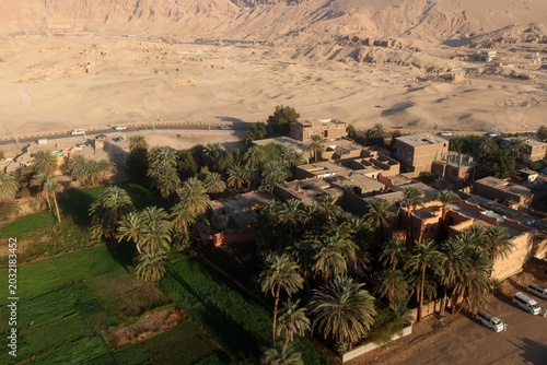 Aerial view of Habu temple and surrounding area in the west bank in Luxor