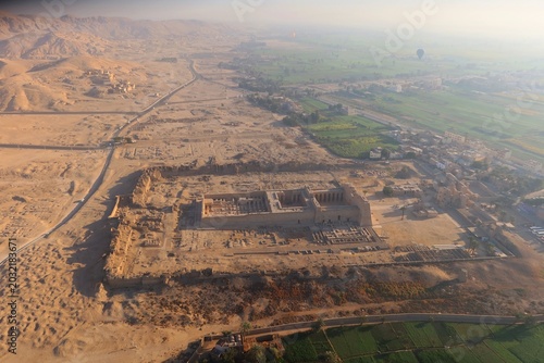Aerial view of Habu temple and surrounding area in the west bank in Luxor