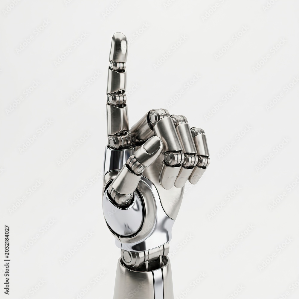 Naklejka premium Metallic robotic hand pointing up isolated on white background