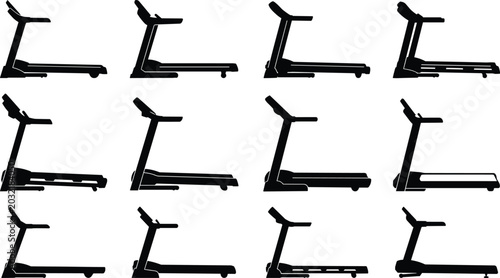 Multiple treadmills are arranged in rows on a plain surface for display purposes indoors.