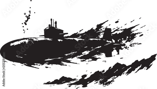 Schilderij op canvas A black and white silhouette of a submarine under a sea in dynamic ink splash st