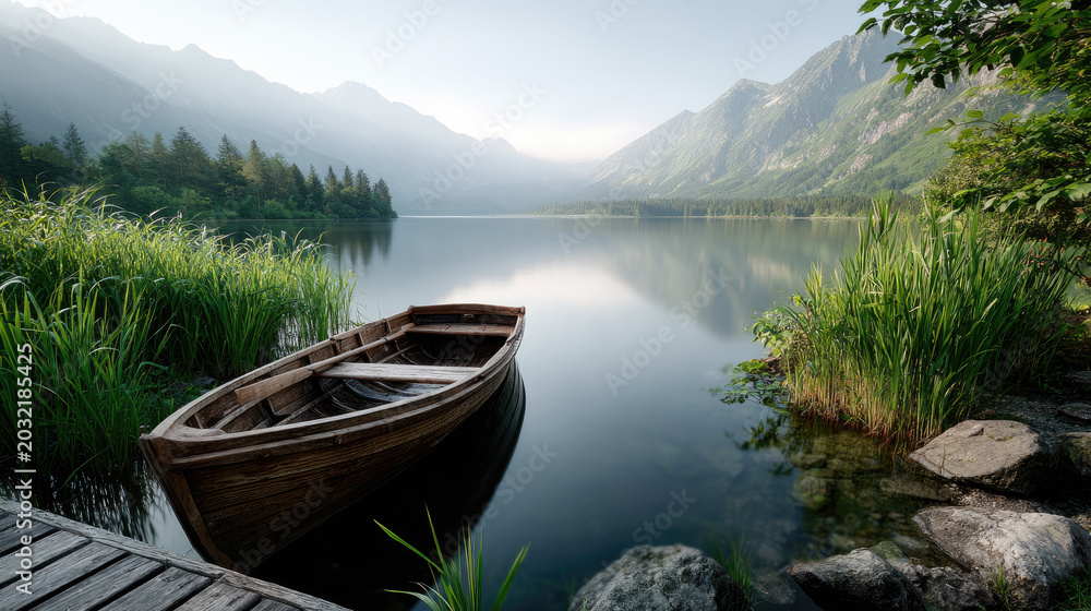 Obraz premium Wooden boat resting on a calm mountain lake with soft light illuminating surrounding peaks and verdant trees, evoking feelings of peace, getaway, and nature exploration