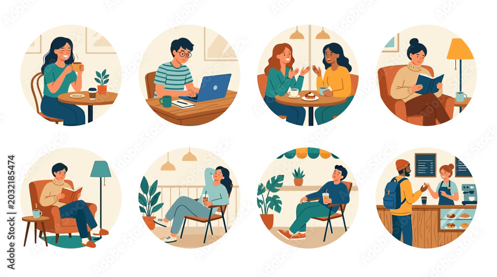 Fototapeta premium People engage in various activities at home and in cafes with laptops and books.