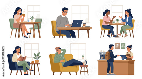 People relax and work in a cozy coffee shop with laptops and books.