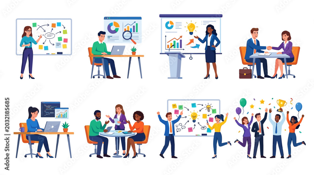 Fototapeta premium Business people work together in office setting with presentations and laptops