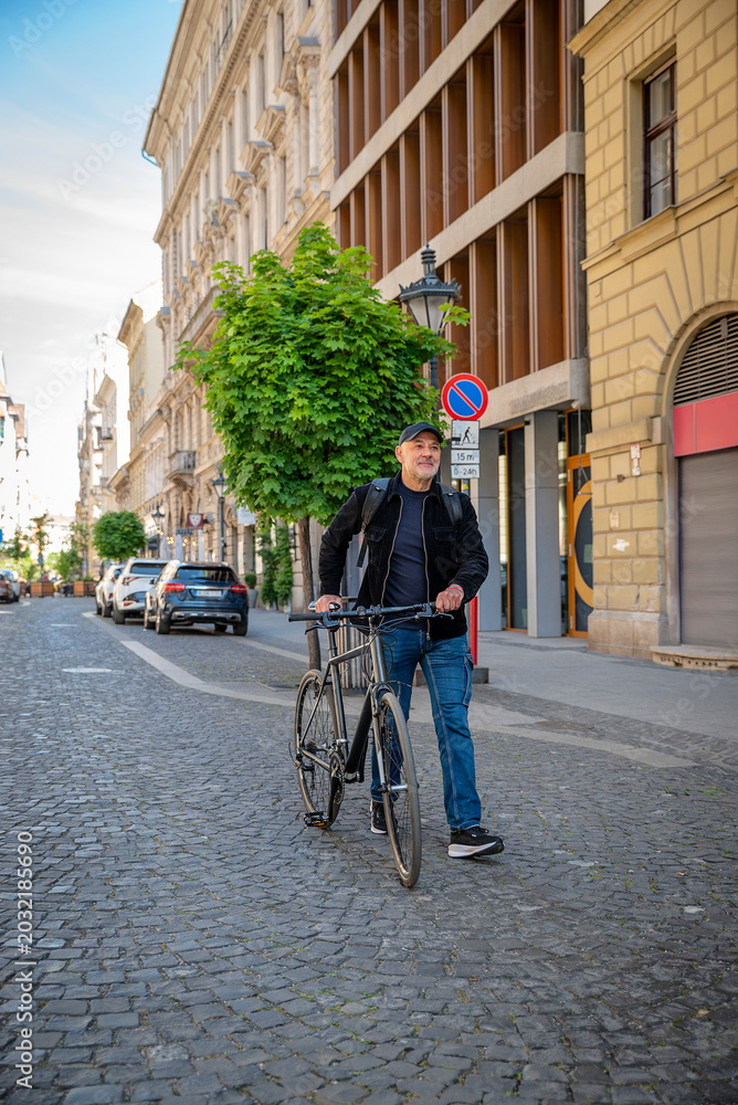 Fototapeta premium Confident bald man with his bicycle in the city