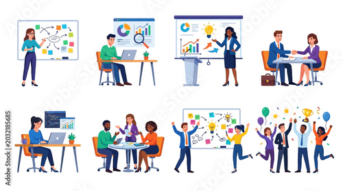 Business people work together in office setting with presentations and laptops
