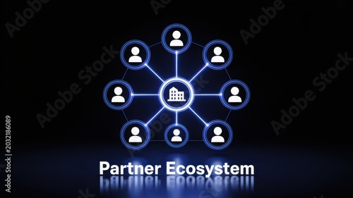 Partner Ecosystem graphic showing people icons connected to a central office building icon