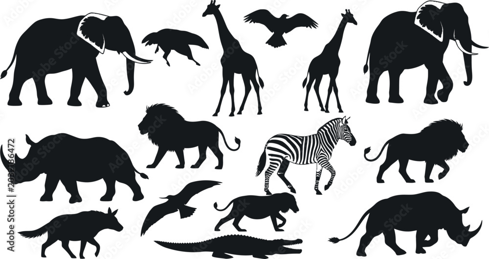Fototapeta premium Black and White Line Art Icon Set of 12 Wild Animals Including Elephant, Giraffe, Lion, Zebra, Crocodile, and More for Educational and Design Use