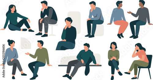 Fotografía Flat vector illustration set of people sitting talking and thinking isolated on