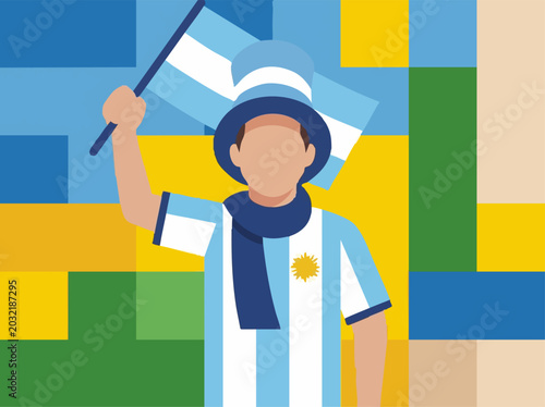 Cuadro en lienzo Argentina football fan holding national flag in a flat design illustration