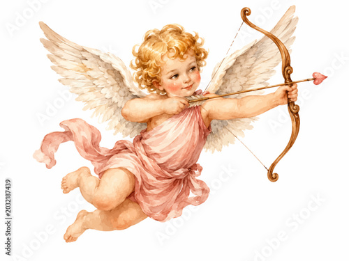 Εκτύπωση καμβά A charming watercolor illustration of a flying Cupid featuring a classical cherub with white feathered wings, golden curls, and a bow with heart-tipped arrow illustrated in a romantic vintage style
