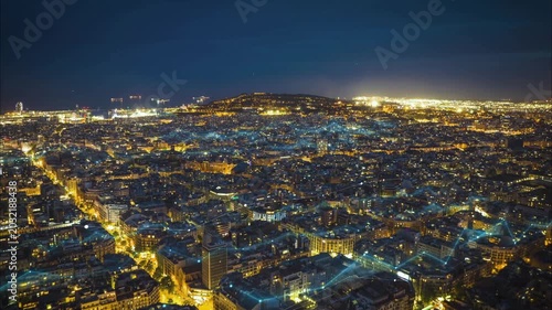 Aerial night city with futuristic glowing digital network data lines