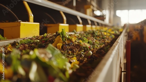 Industrial waste sorting facility processing organic materials on a conveyor belt system with bright lighting.