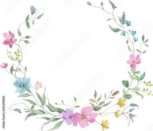 Watercolor Wildflower Wreath, Hand-Painted Floral Crest with Meadow Flowers and Greenery, Botanical Round Frame for Wedding Invitation and Cards. Vector EPS.