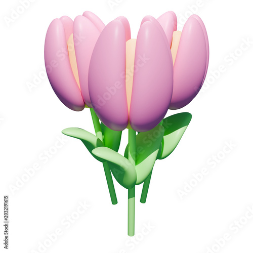Pastel pink 3d tulip flowers bouquet with green leaves