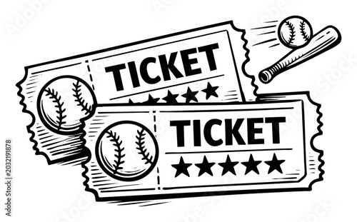 Game tickets for a baseball event, showing a bat hitting a ball and star ratings in a vintage woodcut style illustration