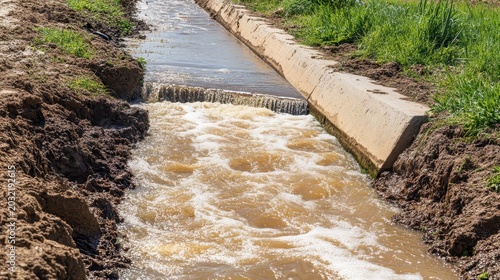 Turbulent muddy irrigation canal with agricultural runoff flowing through concrete channel amidst sunlit rural fields