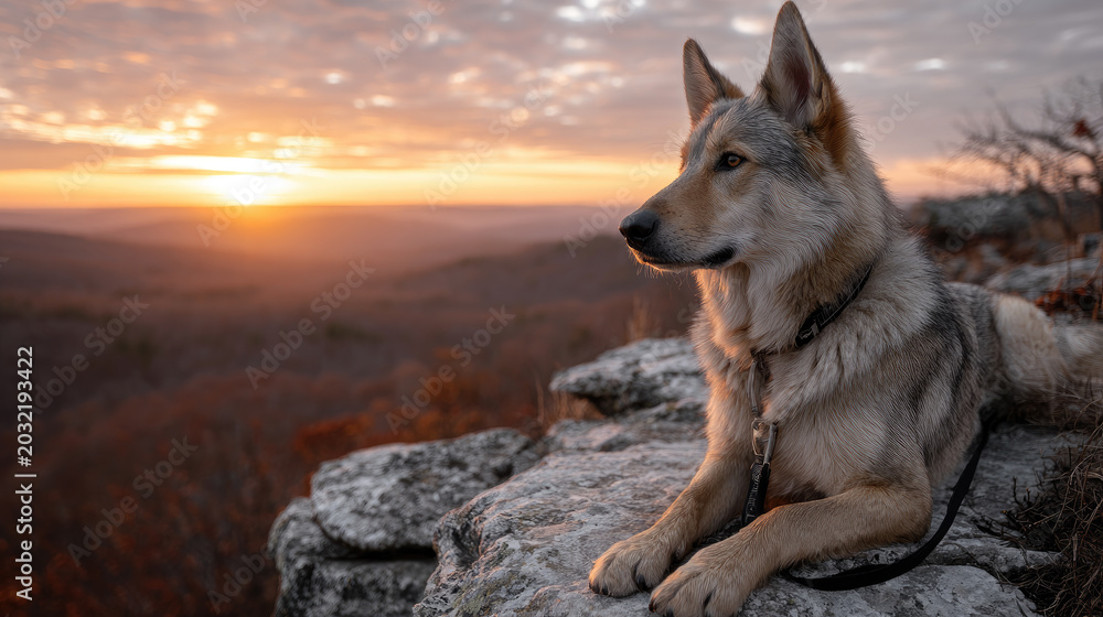 Fototapeta premium Trail dog resting on a mountain peak at sunset, enjoying the vast scenic vista after a hike, embodying adventure, exploration, loyalty, and freedom in nature