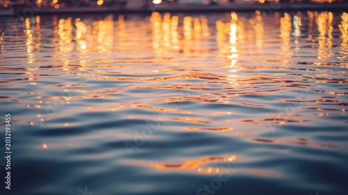Warm orange lights reflect on rippling water surface in a dimly lit urban evening setting