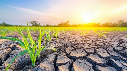 Young green seedlings struggle for life in severely cracked and parched dry soil under harsh sunlight on a rural farmland.