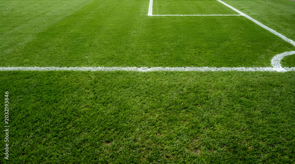 Fototapeta premium Close up soccer field grass texture with white corner lines