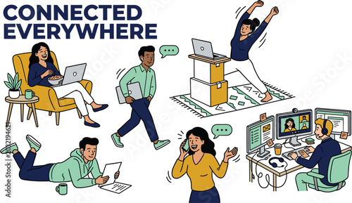 Slika na platnu Connected everywhere illustration showing people working remotely with laptops a