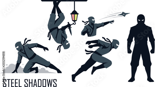 Quadro su tela Steel Shadows ninja stealth action set with characters throwing shuriken, hangin