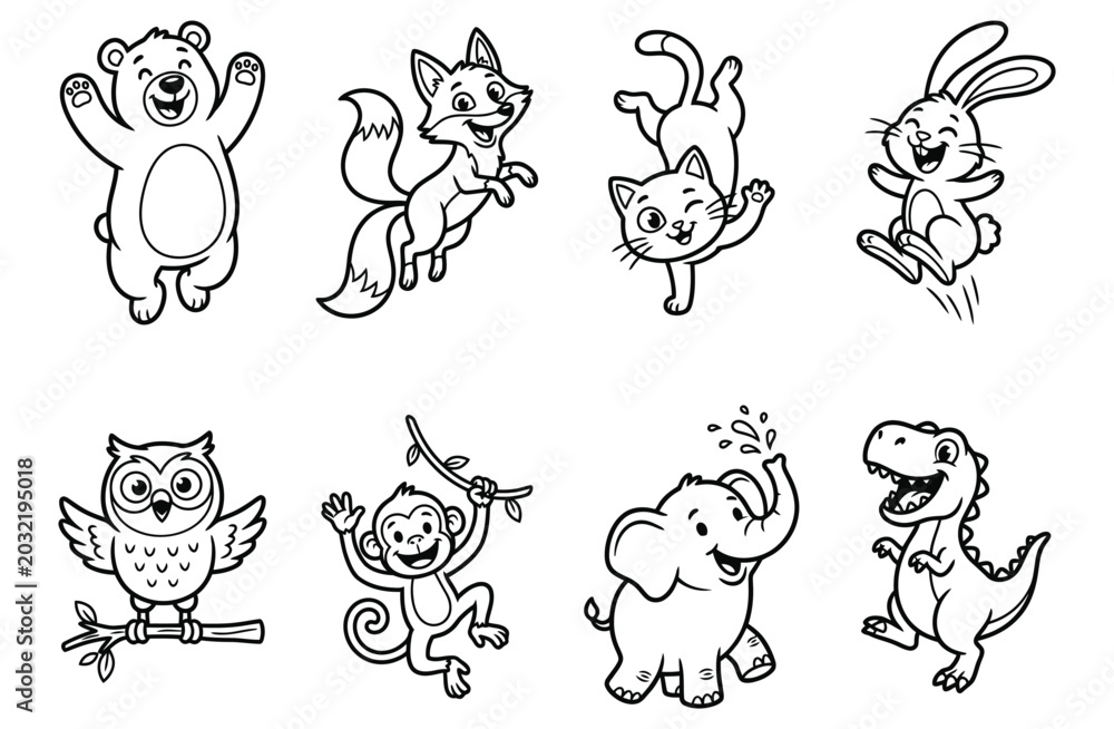 Fototapeta premium Coloring page with happy cartoon animals for kids