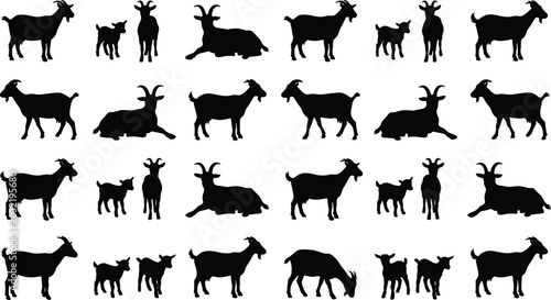 Foto Goat silhouette vector set with adult billy goats horned nannies and little kids