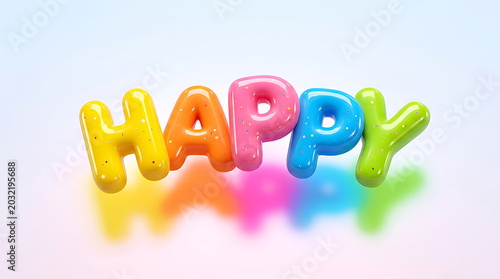 Vibrant and Playful Colorful 3D Text 'Happy' with Reflective Surface and Soft Shadows on a Light Background, radiating cheerfulness and positive energy