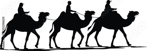 Bild auf Leinwand Black silhouette of a camel caravan with riders traveling in a row isolated on a
