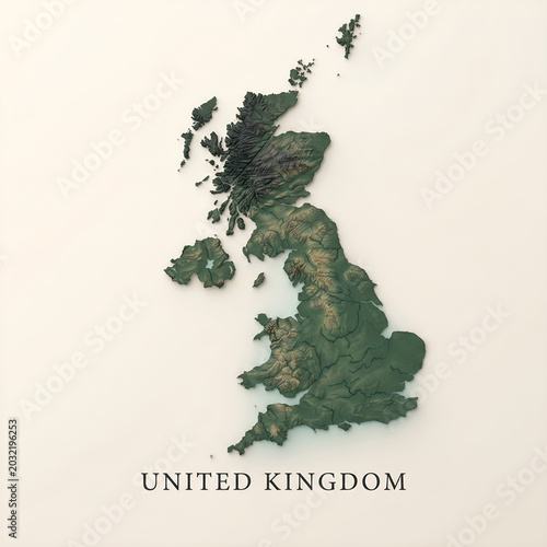3D Topographical Relief Map of the United Kingdom with Terrain Elevation