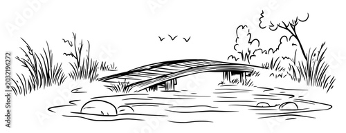 Schilderij op canvas wooden footbridge over river hand-drawn sketch