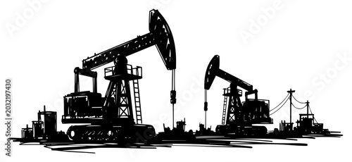 Konstfotografi Oil pumpjacks in oilfield landscape — black and white industrial vector drawing
