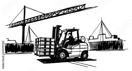 Foto Forklift moving pallets at shipyard with cranes black and white industrial vecto