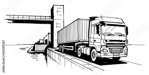 Canvas Print Container truck at dockside loading bay logistics transport black and white vect