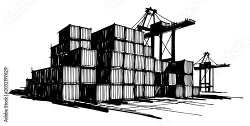 Fotografija Shipping containers stacked at seaport with gantry cranes black and white vector